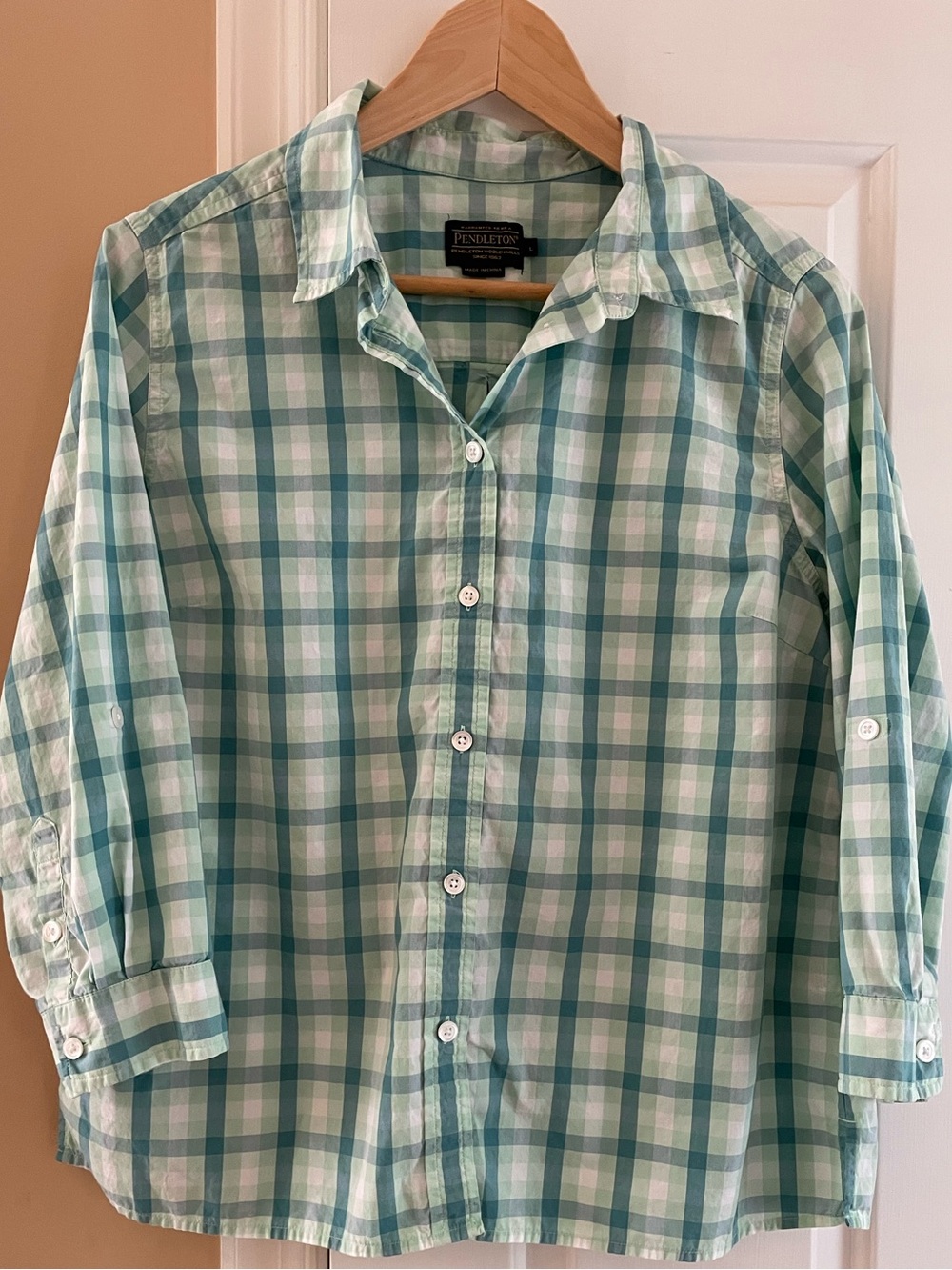 Pendleton Light Green Plaid Button-Up Cotton Shirt Large